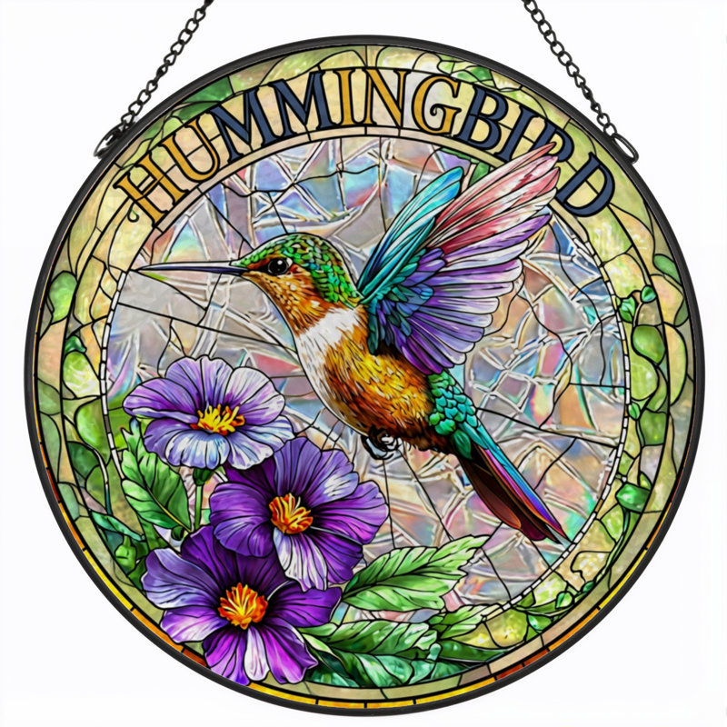 Vitrail de fenêtre en bois coloré 7,8 "Hummingbird, H 7,8 po x l 7,8 po