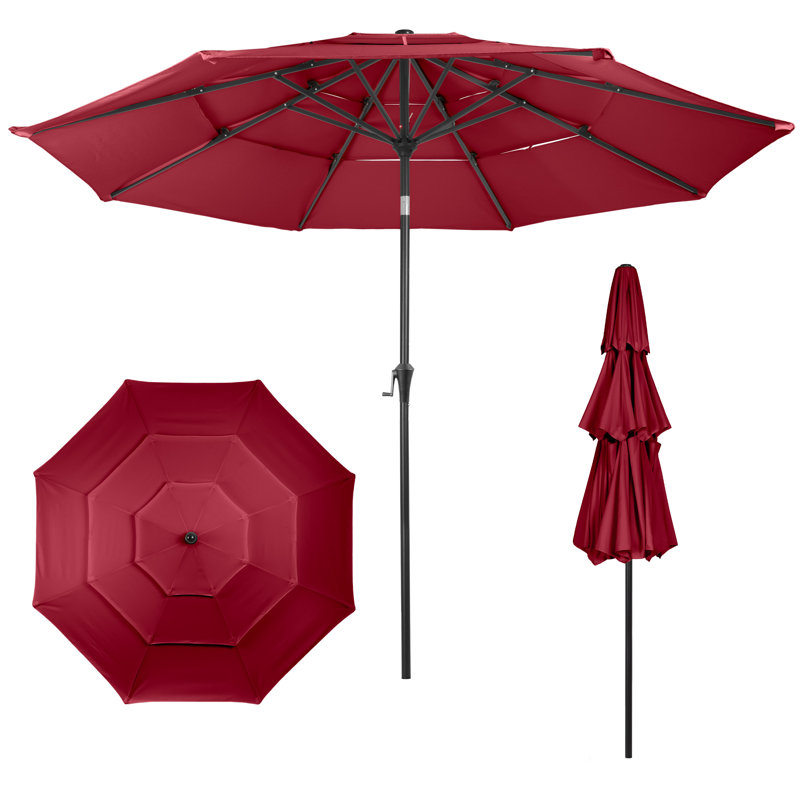 10 ft Patio Umbrella - 3-Tiered Sunshade with Push Button Tilt and Easy-Open Crank - Outdoor Umbrella for Deck, Yard, or Pool by Pure Garden (Red)