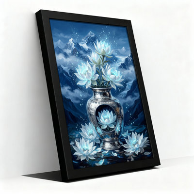 Toile noire encadrée en bois noir pour salon, chambre à coucher, bureau ou vestibule - décoration murale décorative avec lotus bleu