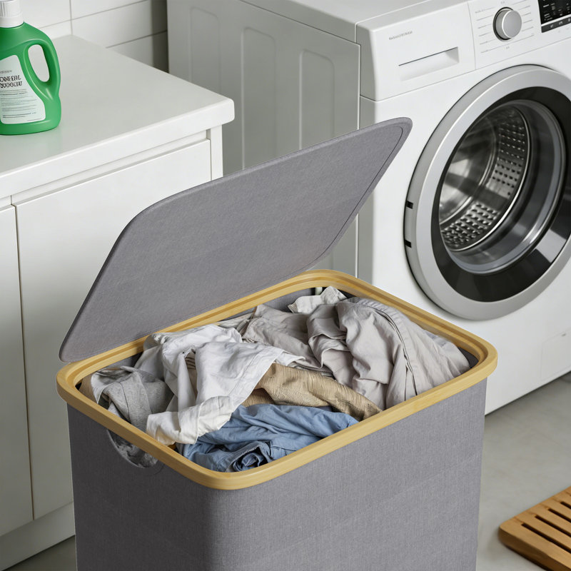 Laundry Hamper with Lid, 110L Large Collapsible Clothes Basket with Bamboo Handles for Bedroom, Bathroom, Dorm and Laundry Room