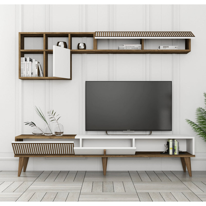 Modern TV Unit with Wall Shelf, Walnut & Cream, 70.9 x 15.7 x 13.8 inches | 100% Melamine Coated Particle Board, Thickness: 0.7 inches | Multiple Shelves for Storage & Display, Plastic Legs, Scandinavian Design