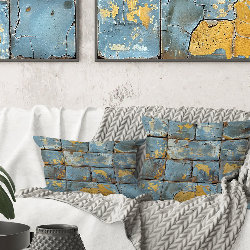 Bleu et or délavé Brick Charm II - Coussin Country, H 16 po x l 16 po, Carrée
