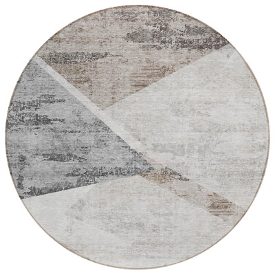 Tapis extérieur rond lavable abstrait 8 pi beige et gris argenté