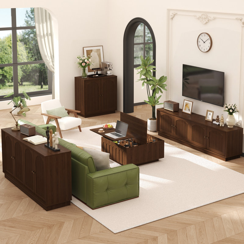 4-piece Small Space Living Room Furniture Set--63" Buffet Sideboard Cabinet, 31.5" Accent Cabinet, 31.5" Square Lift Top Coffee Table, 67" Fluted Tv Stand & Sideboard, Brown