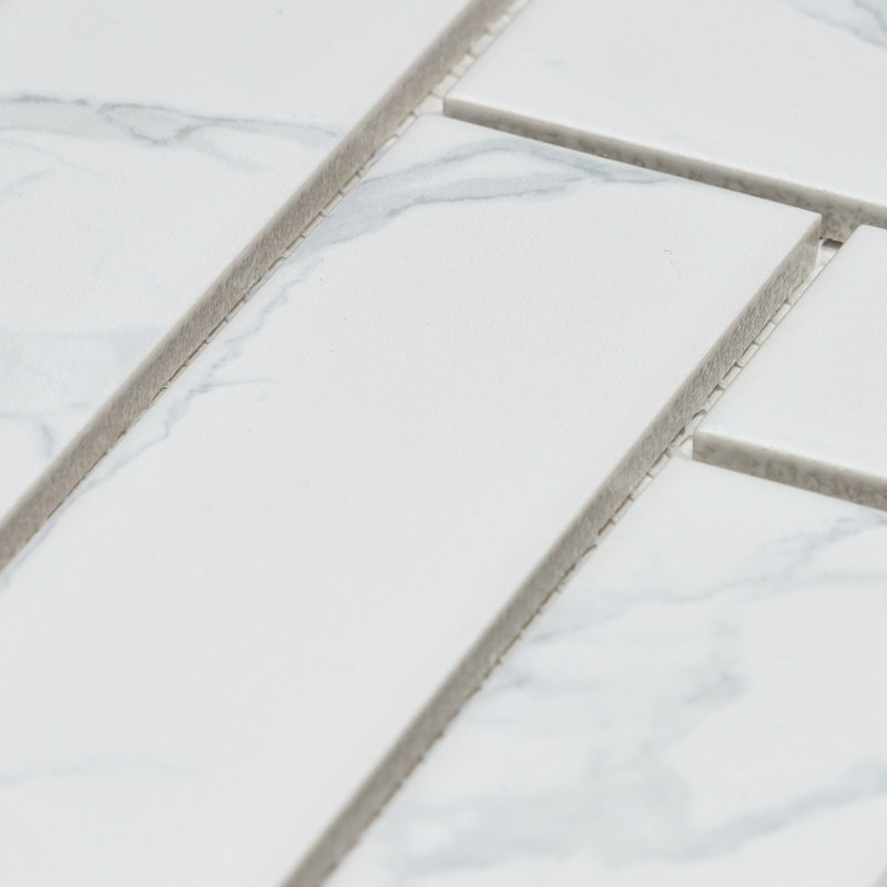 Statuario 2" x 8" Herringbone Porcelain Mosaic Tile