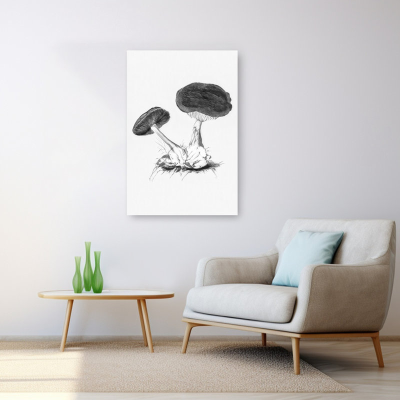 Affiche murale rétro vintage en noir et blanc représentant un champignon en toile violette., H 48 po x l 32 po