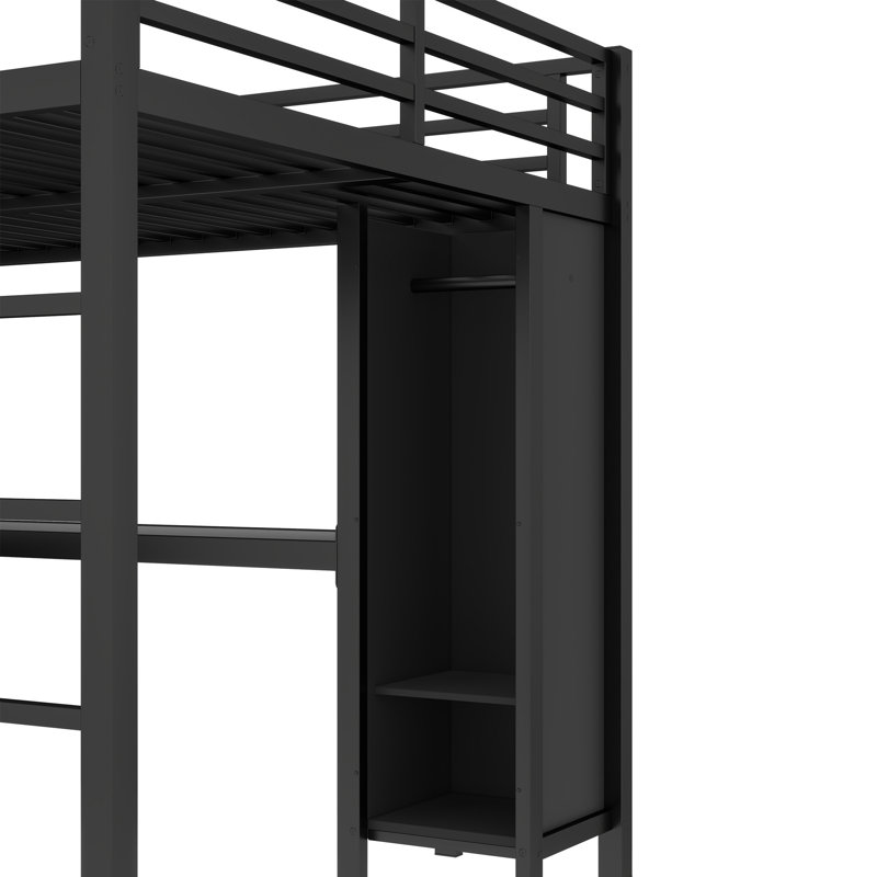 Metal Loft Bed With Wardrobe And L-Shaped Desk, Queen Size Loft Bed With Storage Cubes And Shelves, Heavy Duty Loft Bed For Kids Teens Adults