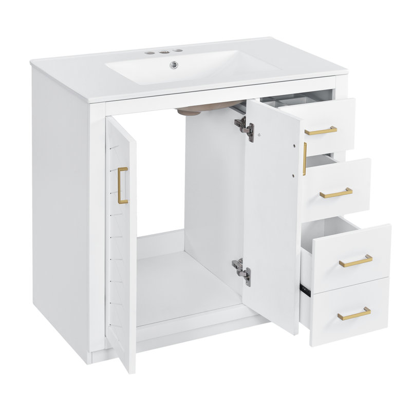 Meuble-lavabo Nassau de 36 po avec lavabo en céramique, glissière de tiroir en bois massif et charnières, rangement spacieux, couleur blanche, style moderne, cadre facile à assembler, espace de rangement, motif rainuré unique