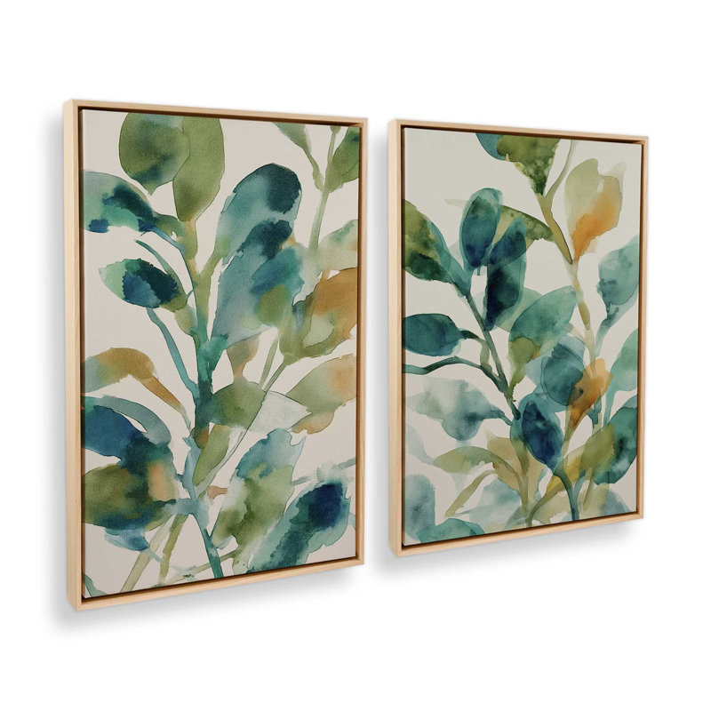 «Verdant Watercolor Bloom», ensemble de 2 impressions, 30" x 20", Cadre flottant en érable américain
