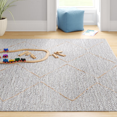 Tapis géométrique Imauri en cuir tissé à la main / en jute / en coton gris clair / naturel