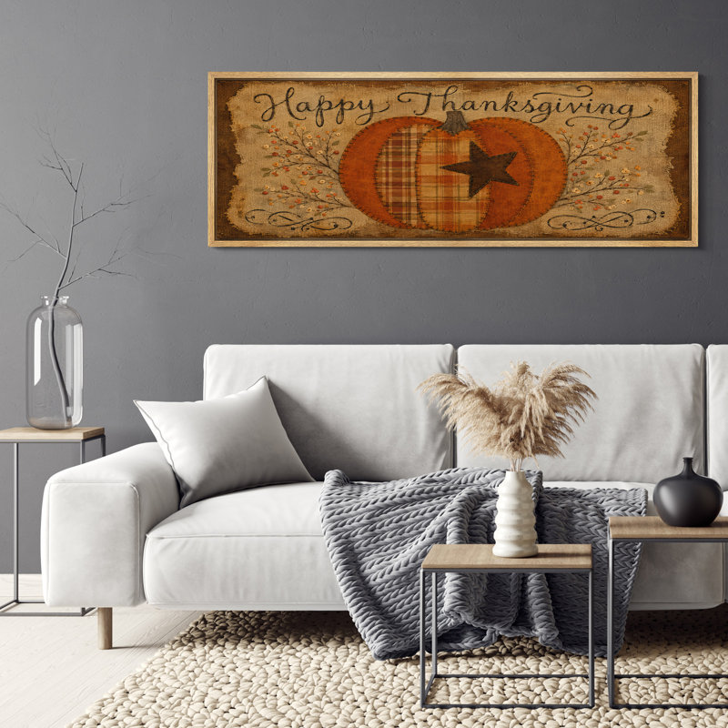 «Happy Thanksgiving Patchwork Pumpkin Rustic Folk Art», impression sur toile encadrée, H 20 po x l 60 po x P 1,5 po, Naturel