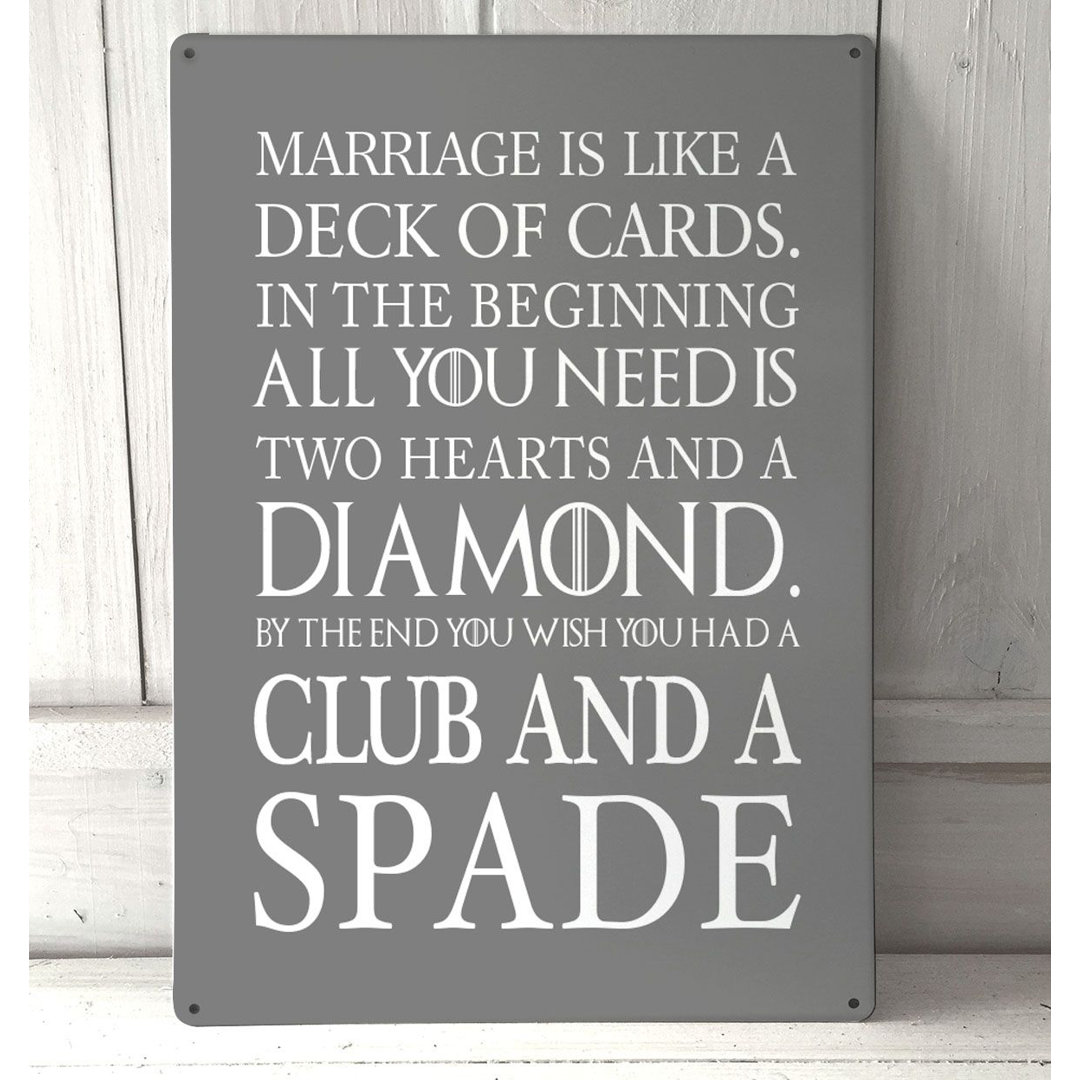 'Marriage Is Like a Deck of Cards' - Unframed Typography Print on Metal