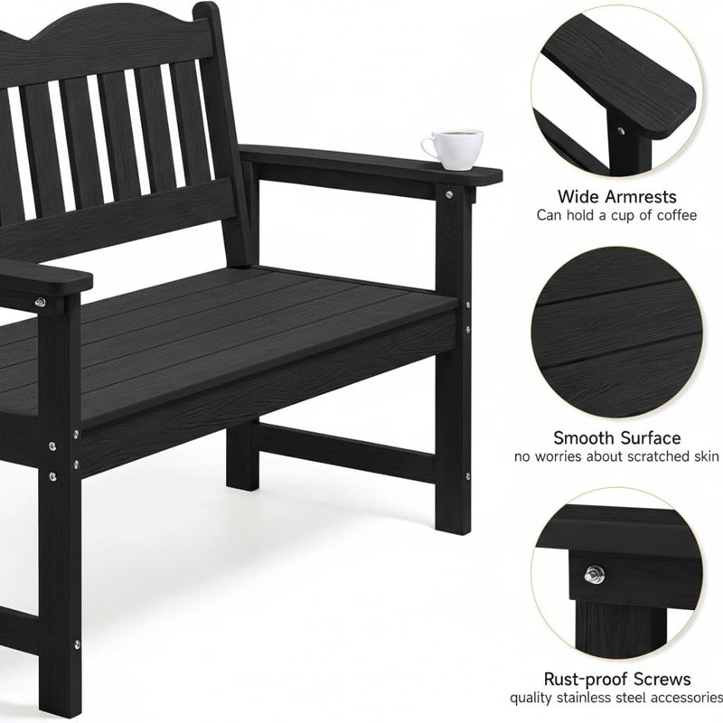 All-Weather Poly Lumber Garden Bench - 2-Seater Slatted Loveseat for Patio, Porch, Yard, Park or Backyard (Black), Black