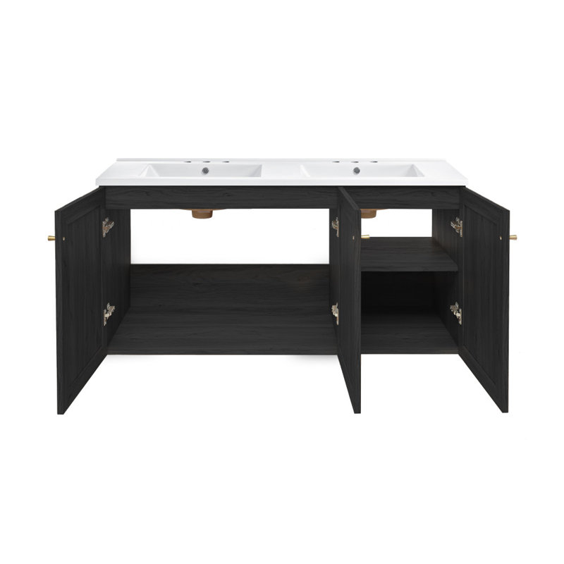 Ensemble de meuble-lavabo mural en chêne avec lavabo à double cuve Classe 48, Noir, noir, noir, noir, Blanc