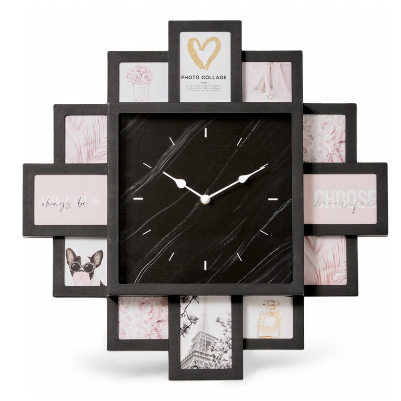 Horloge murale collage photo en marbre noir 50 x 50 cm, cadre photo style ferme noir pouvant contenir 12 photos, fonctionne à piles, idéale pour décorer une chambre de bébé, une chambre d'enfant, un salon ou pour créer des souvenirs de famille.