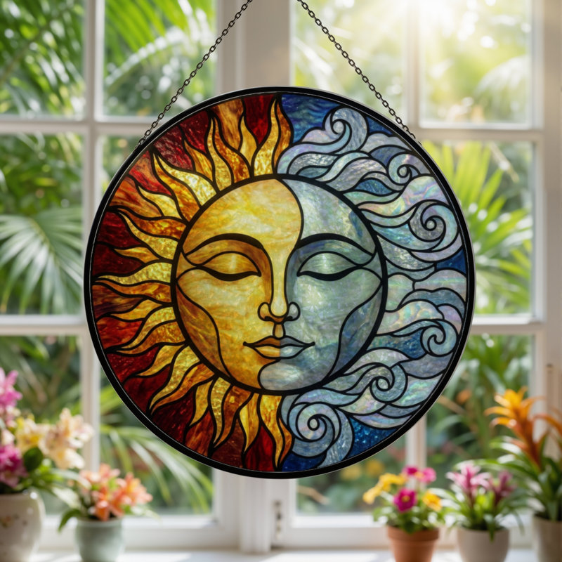 Panneau de vitrail en verre coloré 7,8 po H Sun and Moon, H 7,8 po x l 7,8 po