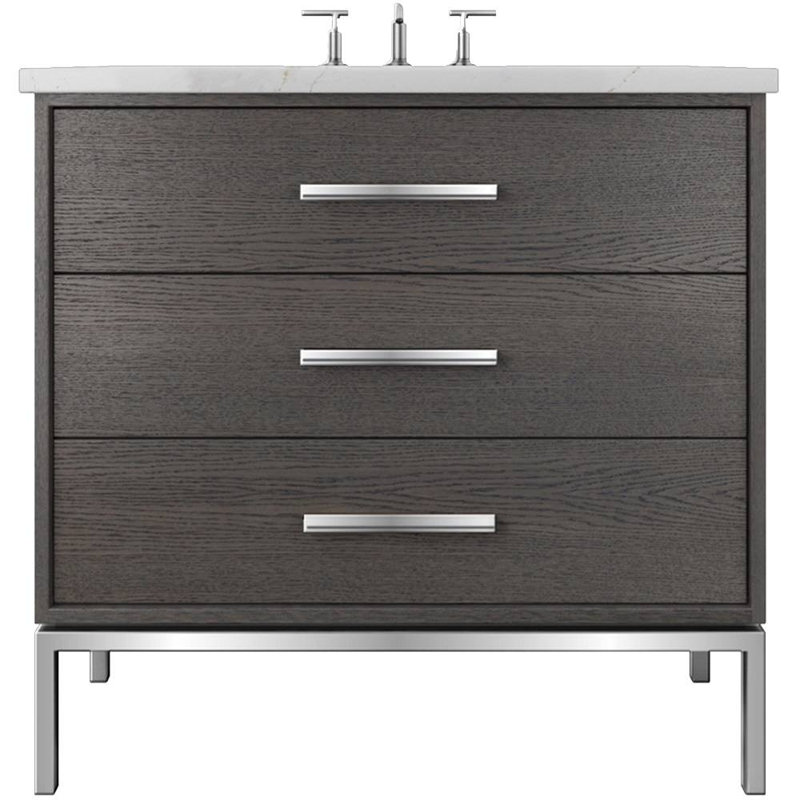Meuble-lavabo simple à trois tiroirs Rift Oak, Gris délavé, Chrome poli, 30"