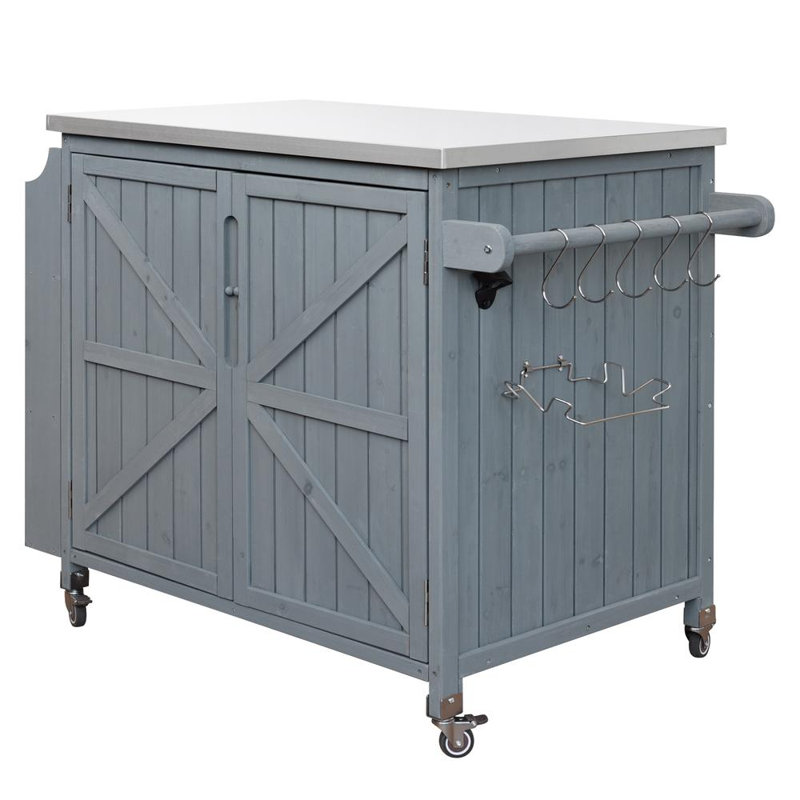 Îlot de cuisine extérieur avec tablette latérale, chariot de barbecue extérieur avec armoire de rangement, Gris