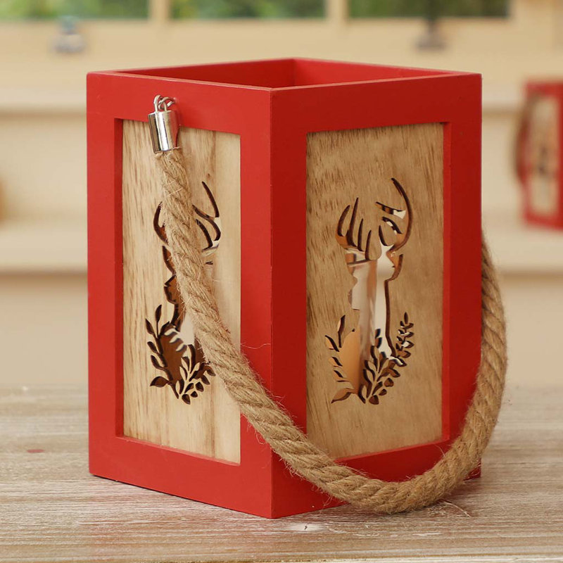 Wood Tabletop Lantern, Red