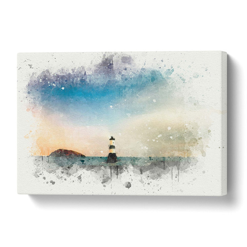 Lighthouse And Seascape At Dusk - Wrapped Canvas Print, 35.6 cm H x 50.8 cm W