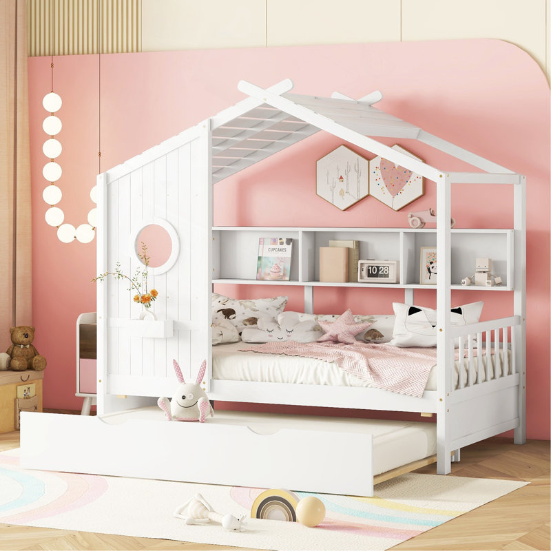 Lit simple en bois avec lit gigogne et tablettes de rangement, conception de maison de jeu fantaisiste pour enfants, blanc