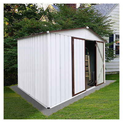 Remise de jardin en métal 8 pi x 10 pi, remise extérieure avec toit Apex, porte à charnière verrouillable et évents résistants aux intempéries - blanc et café