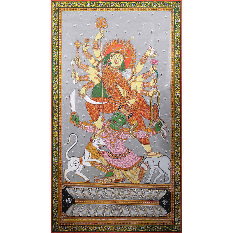 Mahishasur Mardini Durga Pattachitra Painting on Cloth by Purna Chandra, 40" H x 22" W Odisha Folk Art Wall Decor