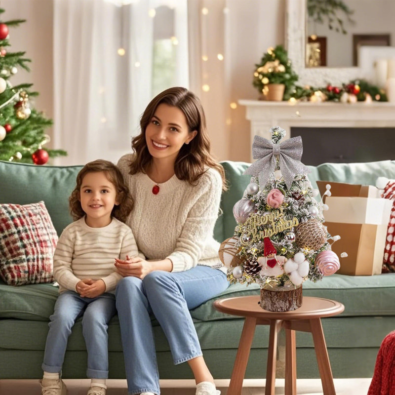 Mini-arbre de Noël 2 pièces, arbre de Noël artificiel de table de 18 pouces, petit arbre de Noël enneigé avec boules de Noël pour décoration intérieure