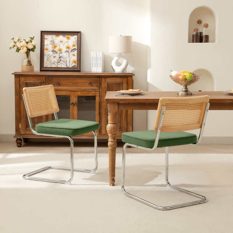 Side Chair Dining Chairs With Cane Rattan Back, Corduroy Fabric Matcha Green, 2