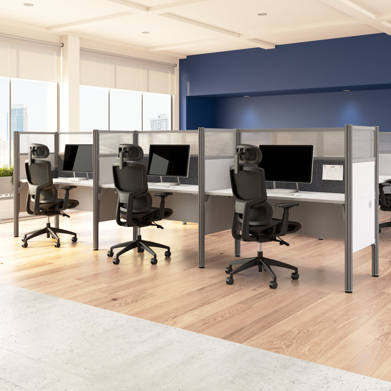 Pro-Biz Rectangle 3 Person Cubicle with Cable Management, White/Gray