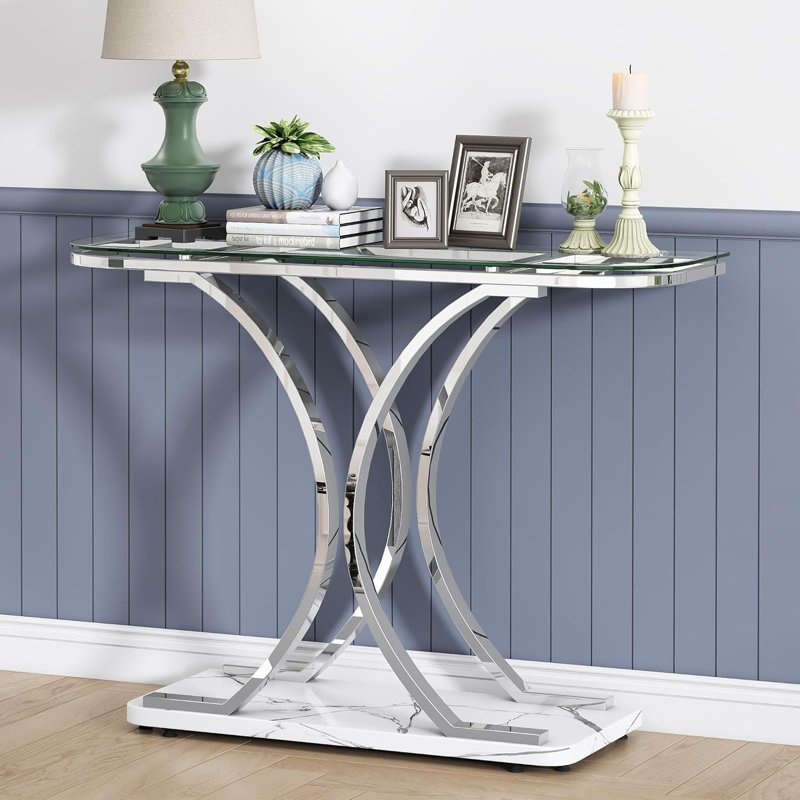 Console de vestibule en verre argenté avec base en marbre
