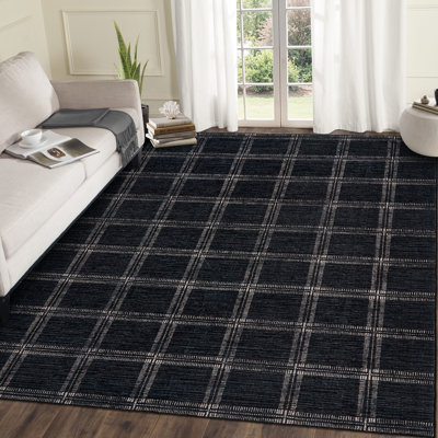 Tapis lavable moderne à motif écossais à poils courts noir antidérapant pour salon, salle à manger, bureau, 8 x 10 pi