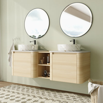 Meuble-lavabo double 60 po avec dessus en pierre reconstituée et portes à fermeture en douceur 60 po