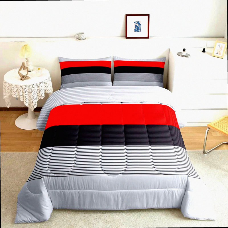 Ombre Stripes Comforter Set - Modern Abstract Art Duvet Insert with Red Patchwork Design, Farmhouse Decor Queen Size Bedding in Grey and Black