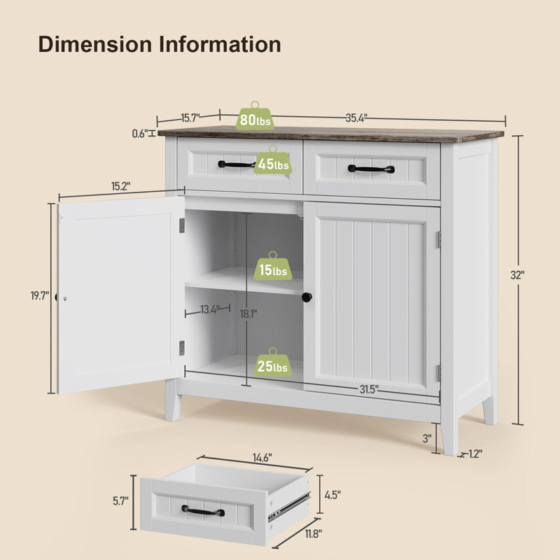 32'' Kitchen Storage Island with Drawer and Adjustable Shelf, White/Grey
