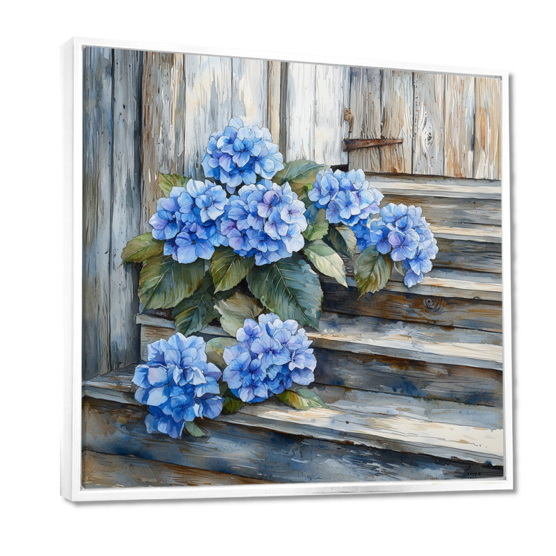 Hydrangeas on the Barn Steps I - Hydrangea Wall Art for Living Room, H 16 po x l 16 po, Impression encadrée flottante, Blanc