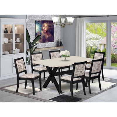 7-piece kitchen table set consists of a wooden table with top and 6 stackable chairs with White and Gray Pattern Polyester Fabric - Wire-brushed Black