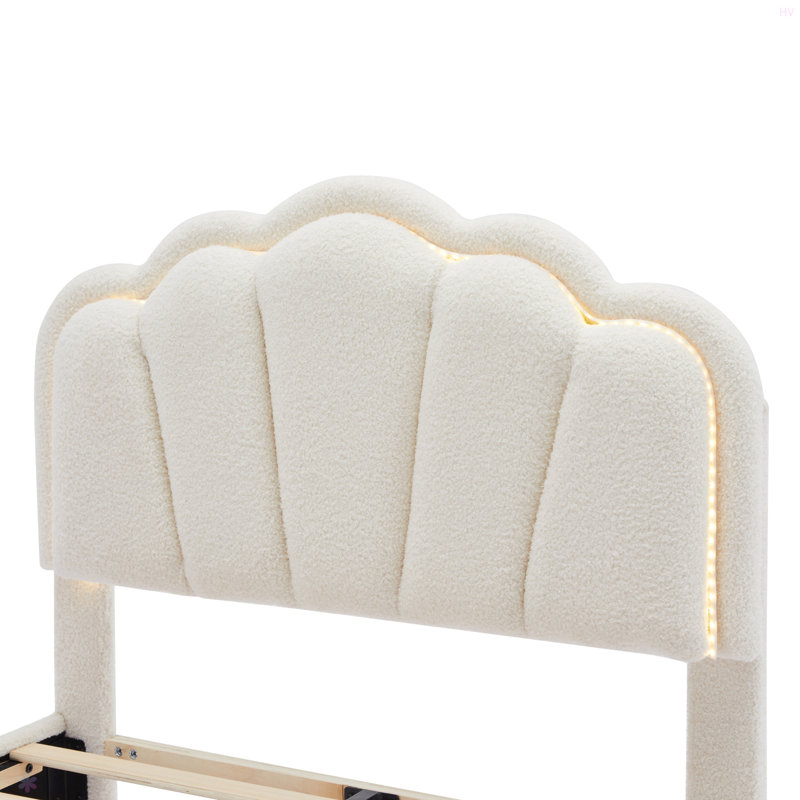 Lit tapissier en forme de fleur, tête de lit élégante avec bande lumineuse à DEL, lit plateforme en tissu sherpa avec support à lattes en bois