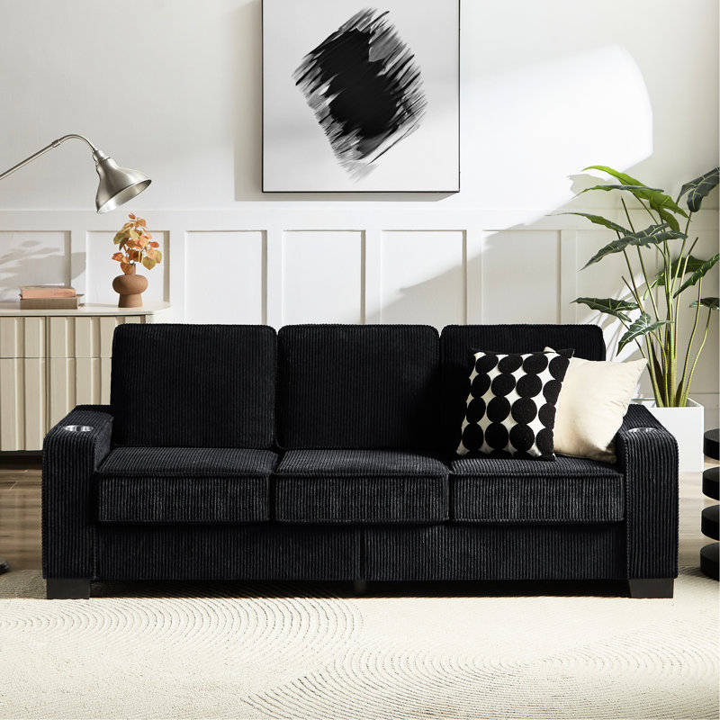 Velours côtelé avec porte-gobelets - 83,86 po 3 canapé compressé pour chambre à coucher, bureau, salon, Velours côtelé noir