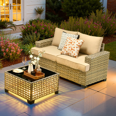 2-Person  Outdoor Sectional With Cushions And Led Coffee Table,  All-Weather Wicker Patio Set