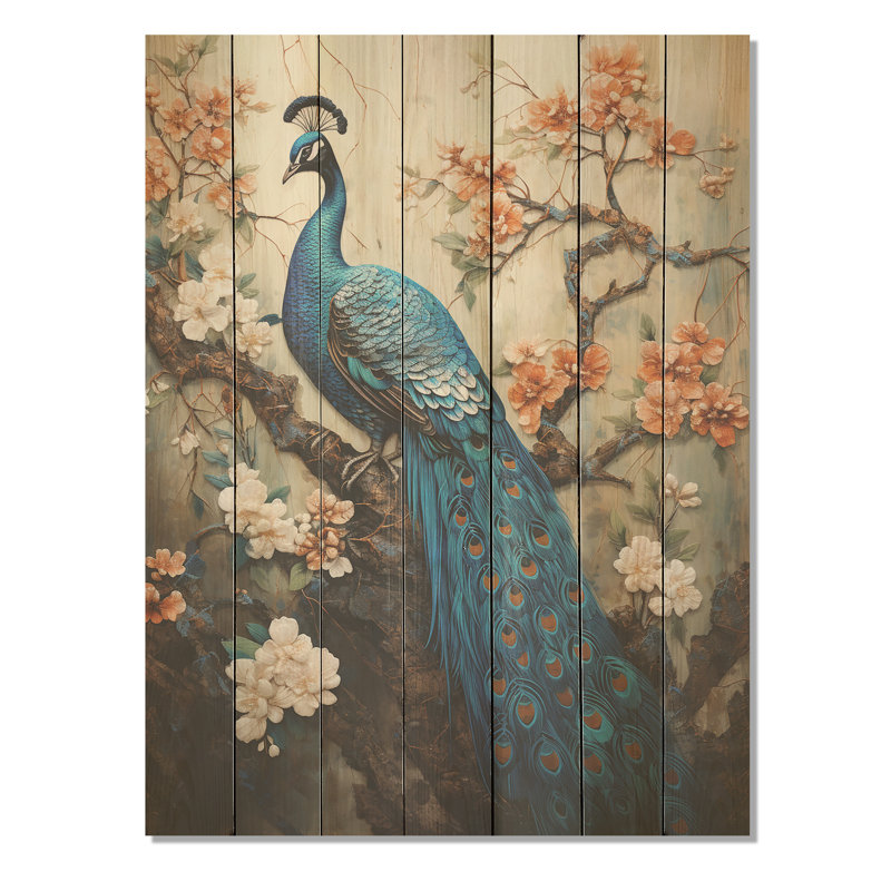Bleu paon royal royal japonais - impression de paon sur bois, H 20 po x l 10 po