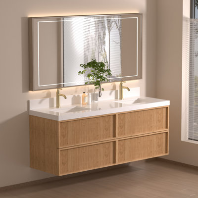 60 Inch Floating Bathroom Vanity with Quartz Top and Double Undermount Sinks, Solid Wood Drawers, Fluted Wood Design