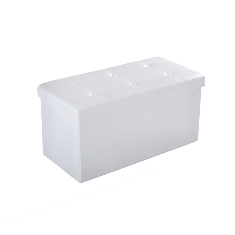 French 76cm Wide Faux Leather Tufted Rectangle Solid Colour Footstool Ottoman with Storage, Cream White