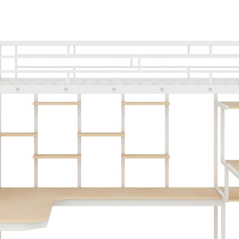 Lit mezzanine double en métal avec escalier de rangement et garde-robe, bureau intégré et tablettes de rangement, Blanc