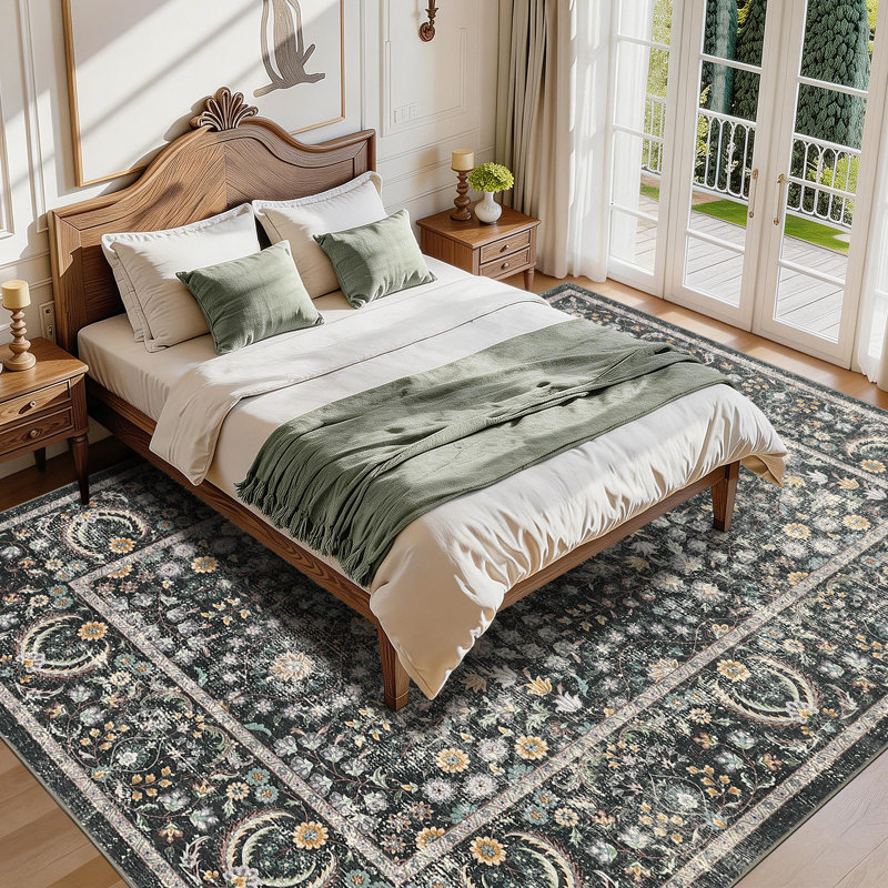 5x7ft Plush Shag Area Rug for Living Room Bedroom Kitchen Space, Washable Carpet with Printed Motif and Non-Slip TPR Backing, Soft Floor Mat for Entryway Home Decor, Charcoal