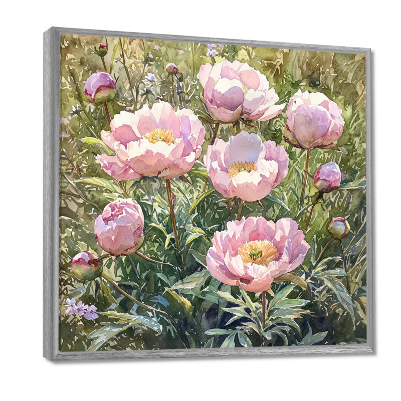 Pivoines dans le jardin de fleurs I - Art mural de pivoines pour le salon, H 30 po x l 30 po, Impression encadrée flottante