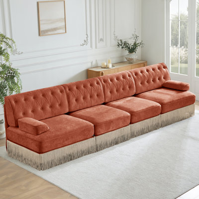 Velours doux 135 po 4, brun rouge, bouton, jupe à pampille, modulaire, base en bois, mousse haute résilience