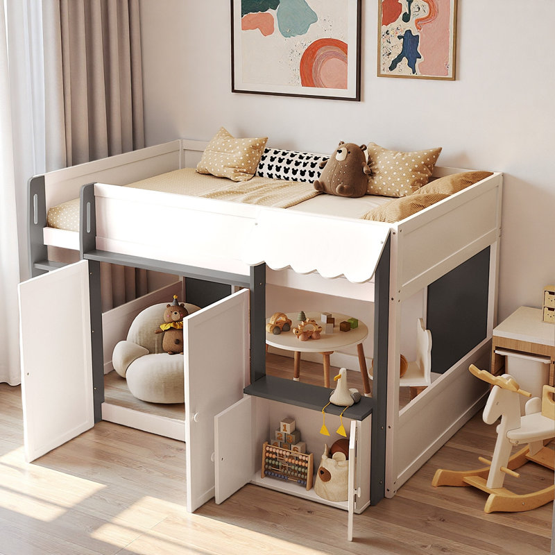 Lit mezzanine moderne avec maisonnette et rangement, Gris / Blanc