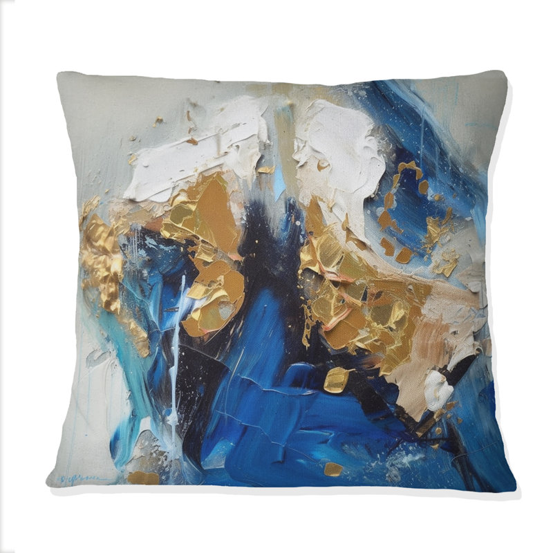 Indigo Awakening Abstract en bleu et or II - Coussin décoratif avec peinture abstraite