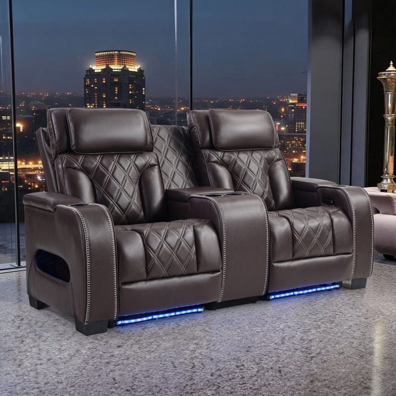 Causeuse inclinable électrique en cuir de 73 po de large avec appui-tête réglable et éclairage d'ambiance, Brun